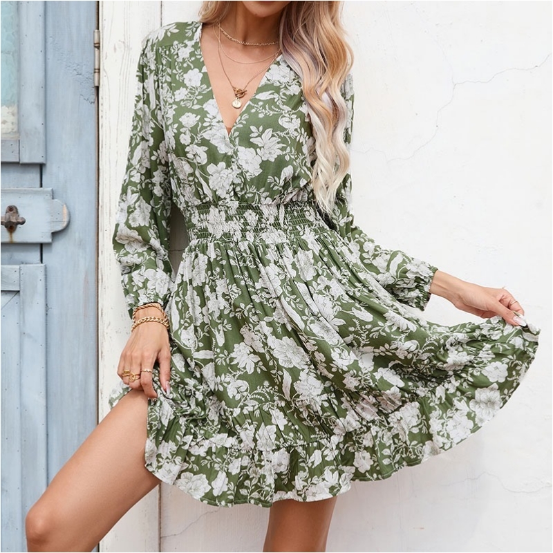 Böhmen Beachbekleidung Kleid Französisch Sexy Deep V-Ausschnitt Blumendruck Taillenkimmelreiche Urlaubskleider für Frauen