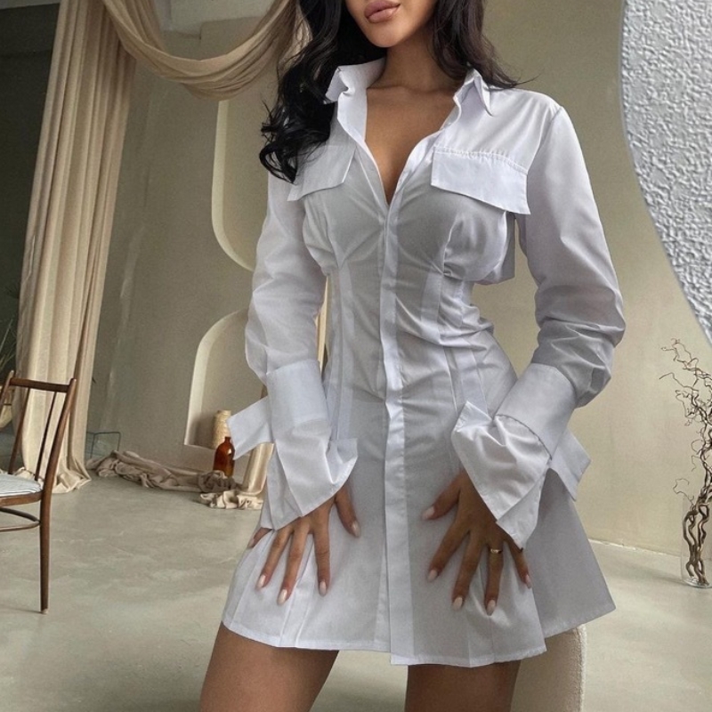 Französisch-weißes Kleid mit Taille und Manschetten und langen Laschen für Frauen 2023 Neue Design Taille und fester Farbe langärmeliger Rock