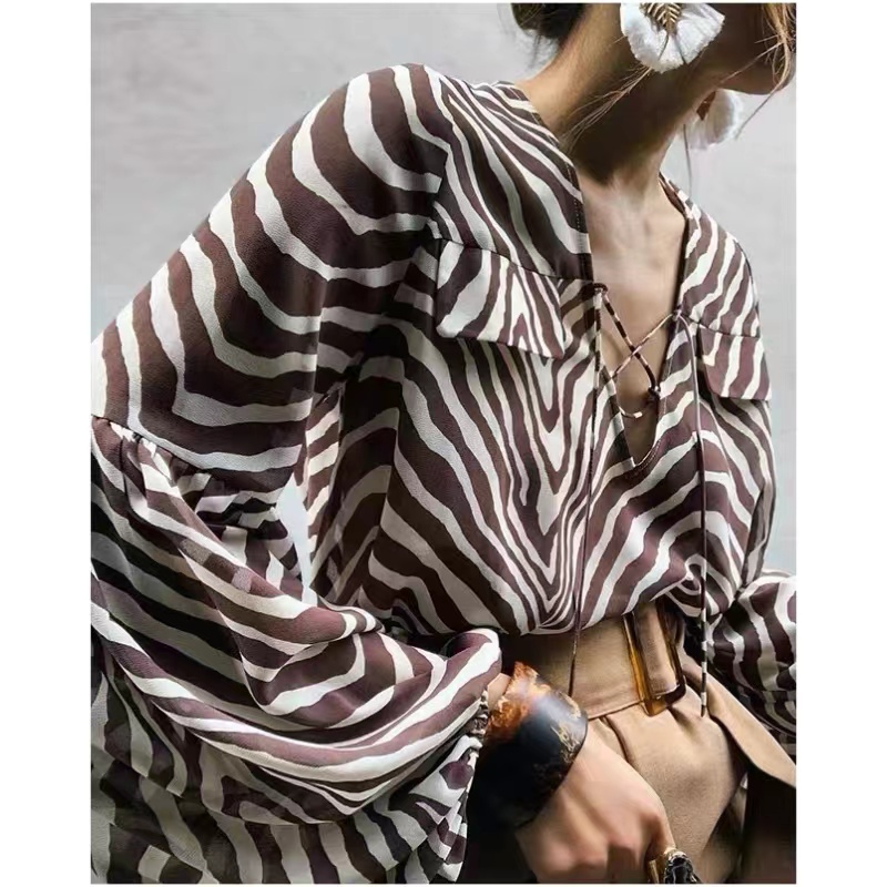 2023 Neue Frauen-Mode All-Match Slim Striped Spinning Printed Longleved Tie-up-Shirt